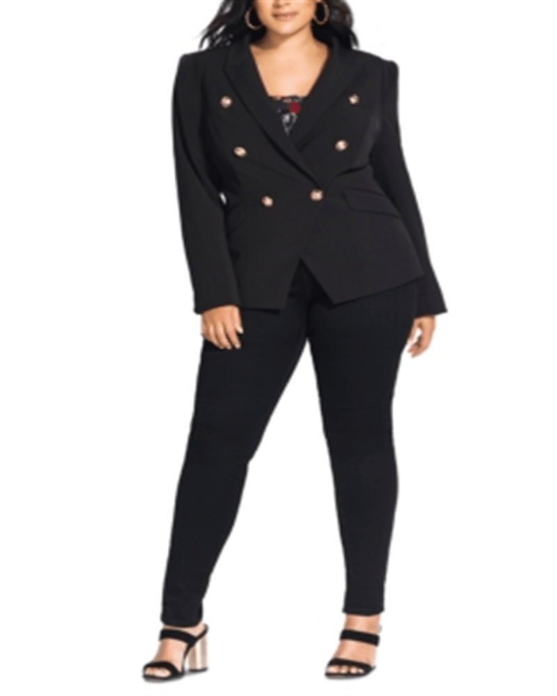 Front of a model wearing a size 24W City Chic Women's Plus Rock Royalty Double Breasted Evening Jacket Black Size 24W in Black by City Chic. | dia_product_style_image_id:314339